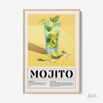 framed wall art featuring a mojito cocktail in a tall glass with limes and mint leaves on a yellow background