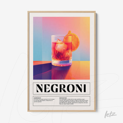 framed wall art of negroni cocktail in light wood frame featuring a glass with ice and orange slice set against a vibrant gradient background