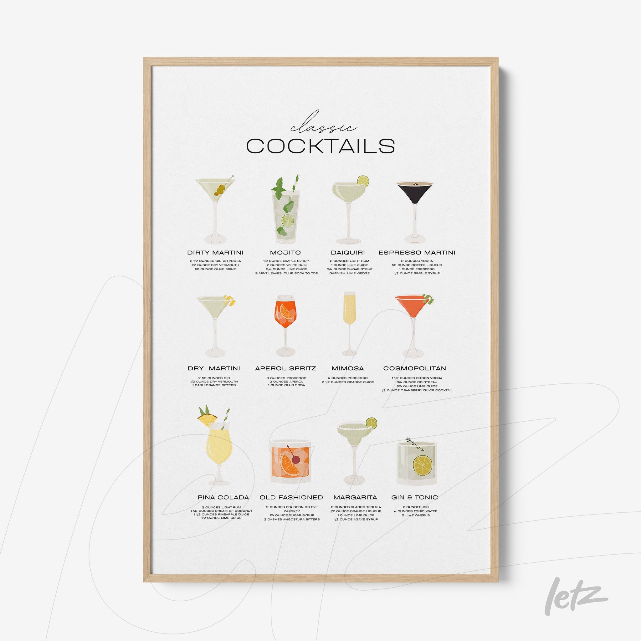 framed artwork featuring illustrations of classic cocktails with a light wood frame on white background