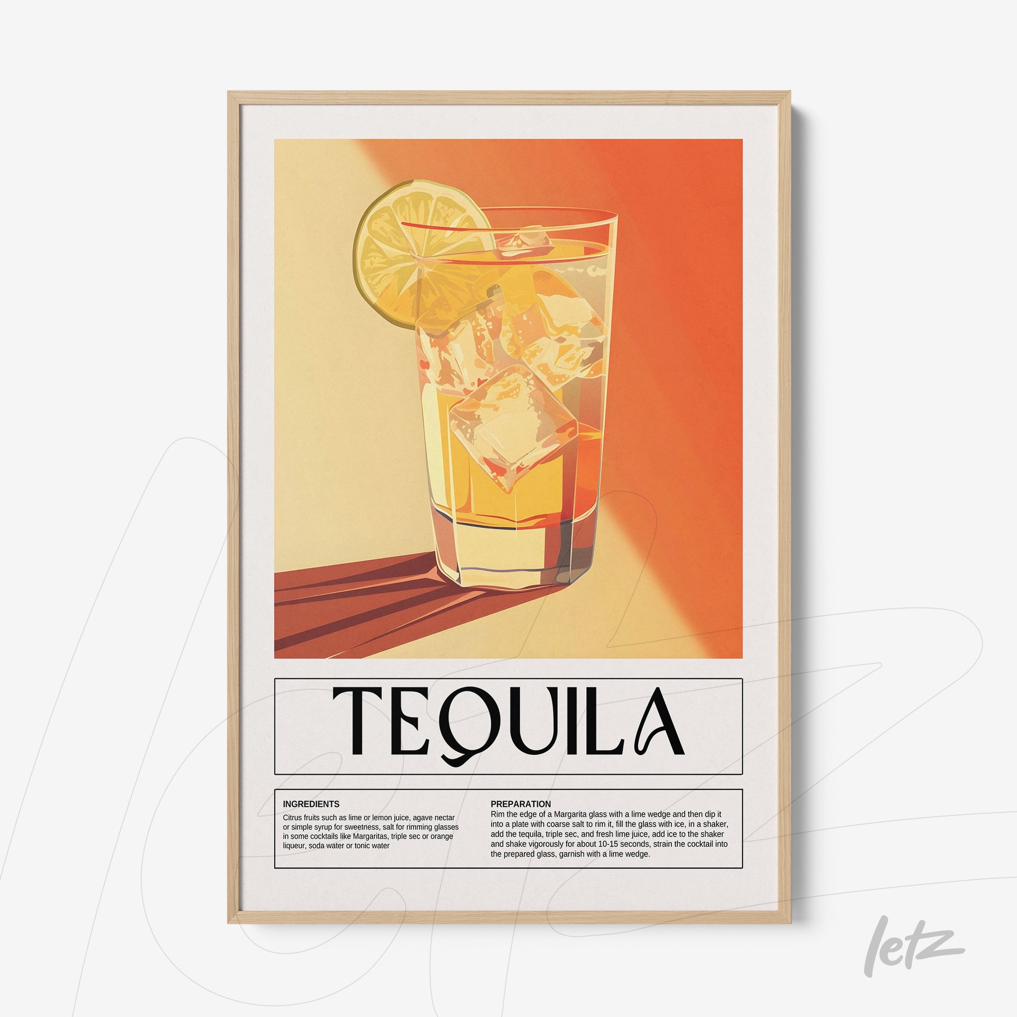 vintage style wall art featuring tequila cocktail in a beige frame with black accents