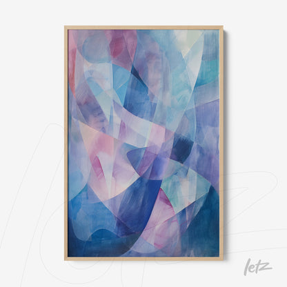 abstract framed wall art featuring fluid shapes and colors in shades of blue, pink, and purple with light wood frame