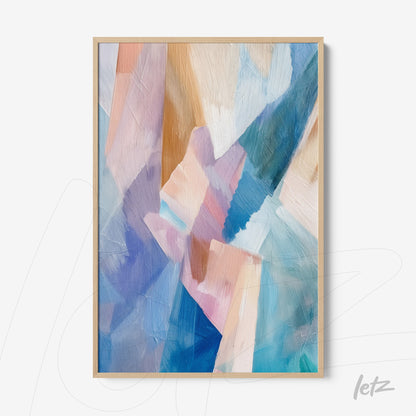 abstract art print in shades of blue, pink, and beige with light wooden frame