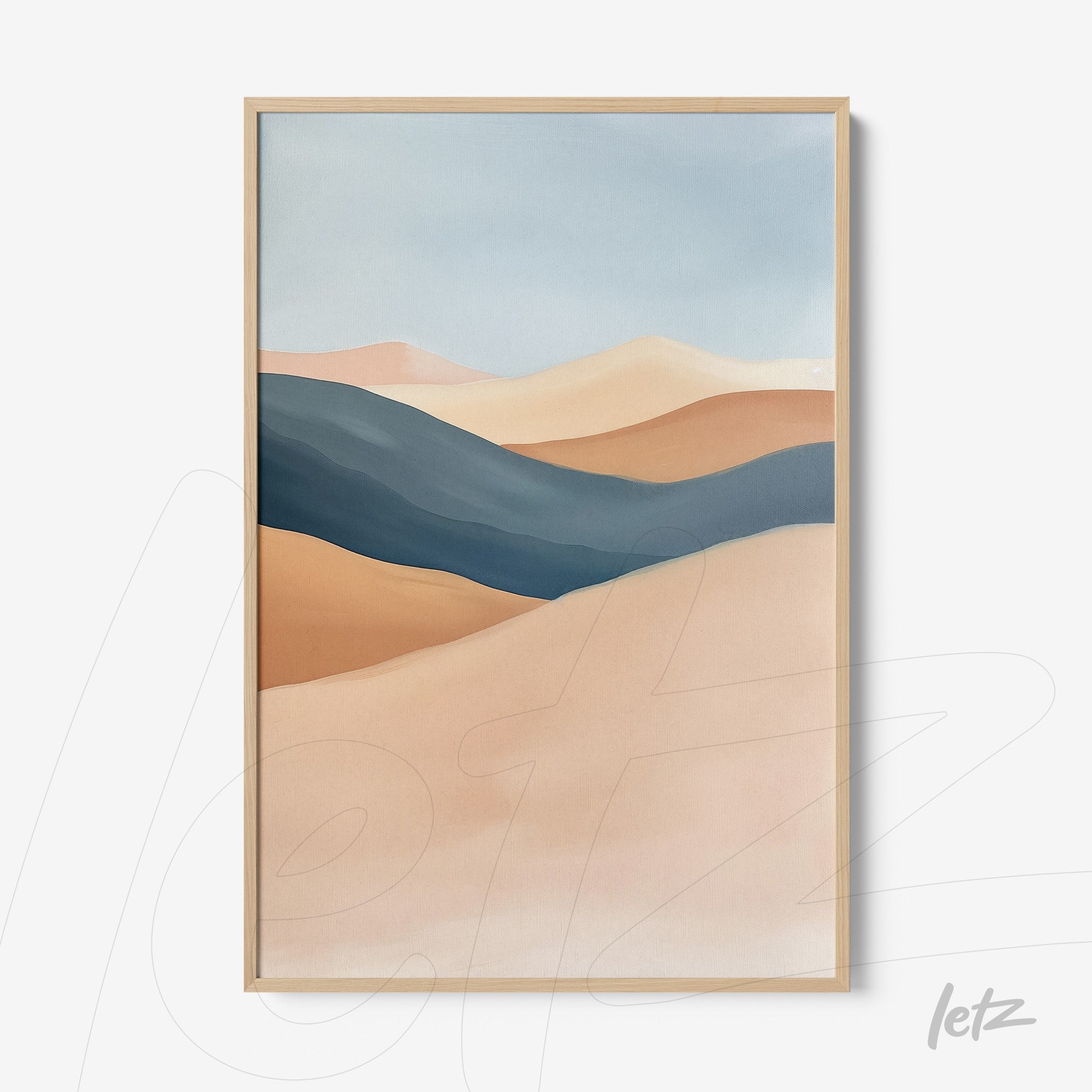 framed abstract artwork of landscapes in neutral tones with light frame
