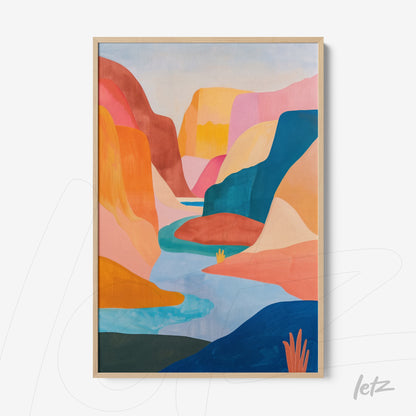 framed wall art featuring an abstract landscape in pastel colors with light wood frame