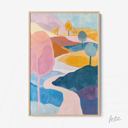 framed wall art featuring abstract landscape with colorful mountains and trees in shades of pink and orange