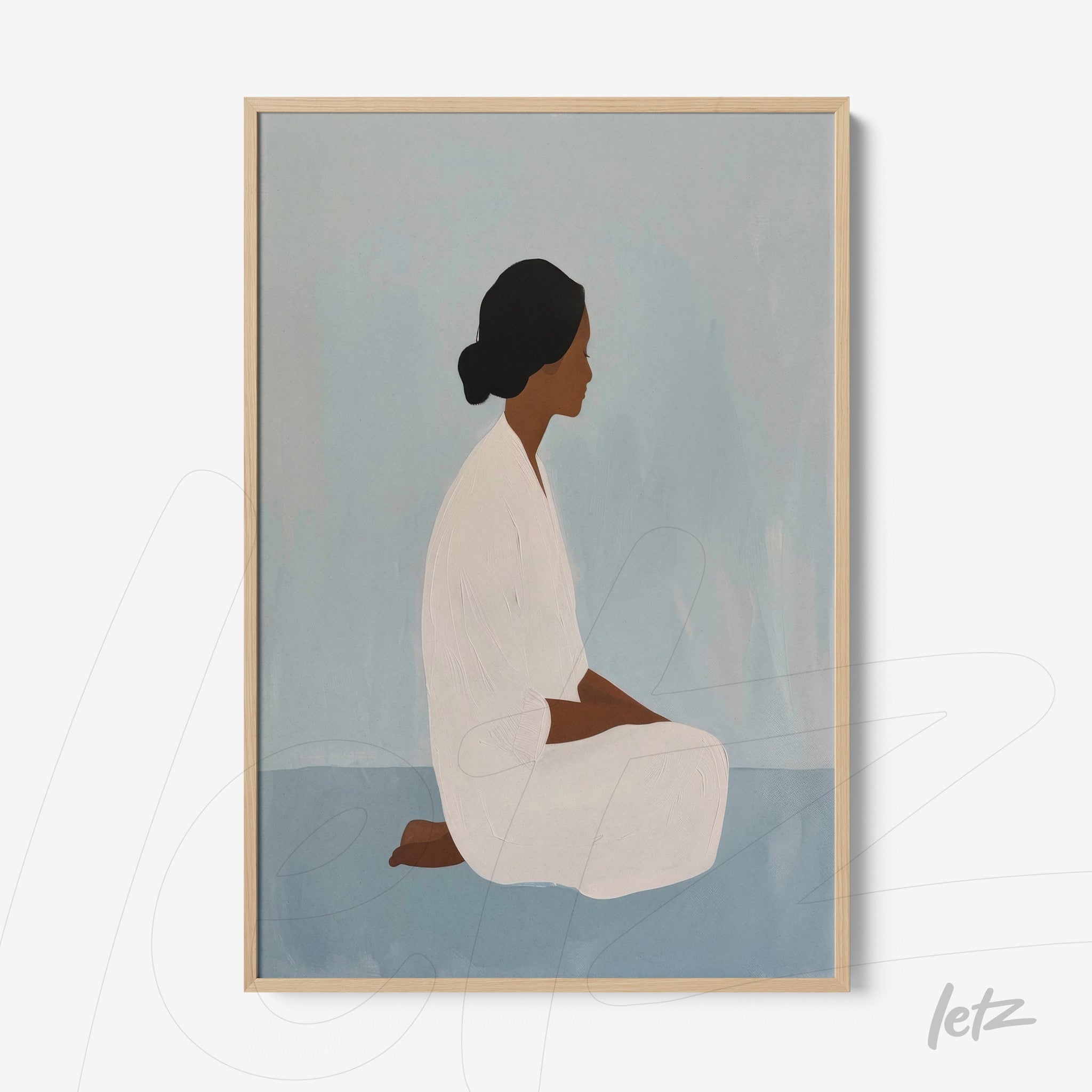 framed minimalist art featuring a seated woman in soft tones with light wood frame