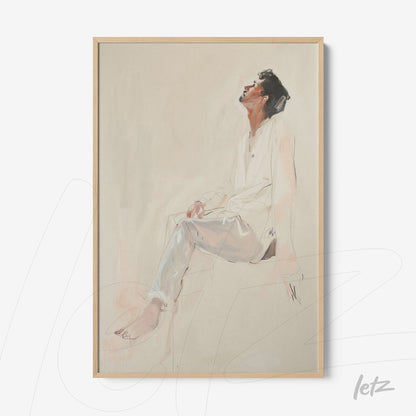 framed wall art featuring an artistic illustration of a man sitting in a reflective pose with a light wood frame on a neutral background