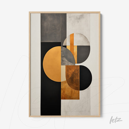 abstract artwork featuring geometric shapes in black, gray, and gold, framed in light wood