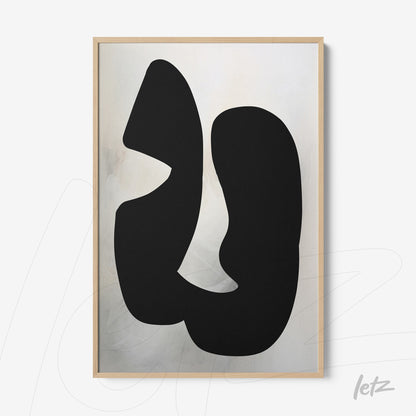 abstract art piece in black on light background with light wood frame