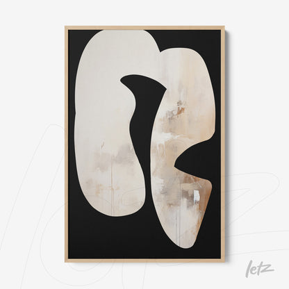 abstract wall art featuring organic shapes in neutral tones with light wood frame