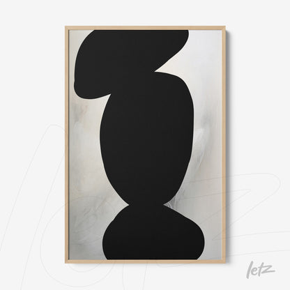 framed abstract wall art in black and white featuring organic shapes with a light wood frame