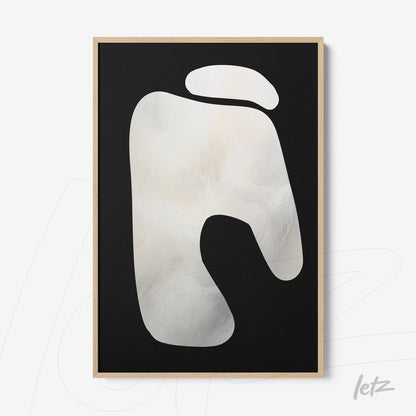 modern wall art featuring an abstract white shape on black background within a light wood frame