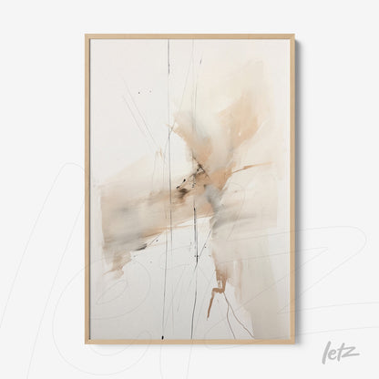 framed abstract art piece in neutral tones with light wood frame