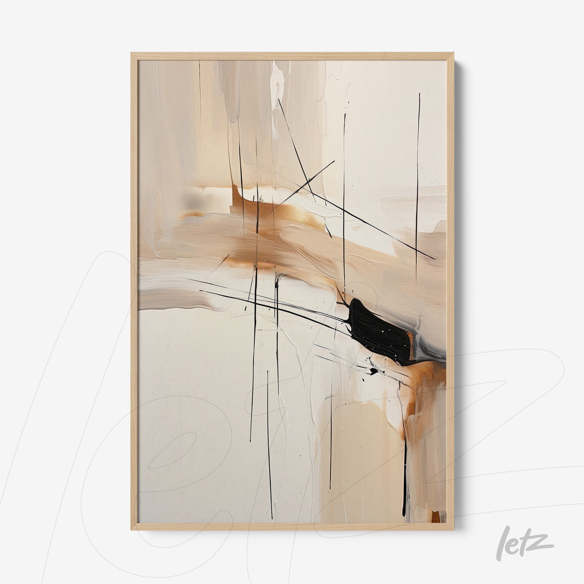 abstract art piece in neutral tones with smooth texture and black lines, framed in light wood