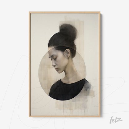 framed artwork depicting a watercolor portrait of a woman with an abstract neutral background and light wooden frame