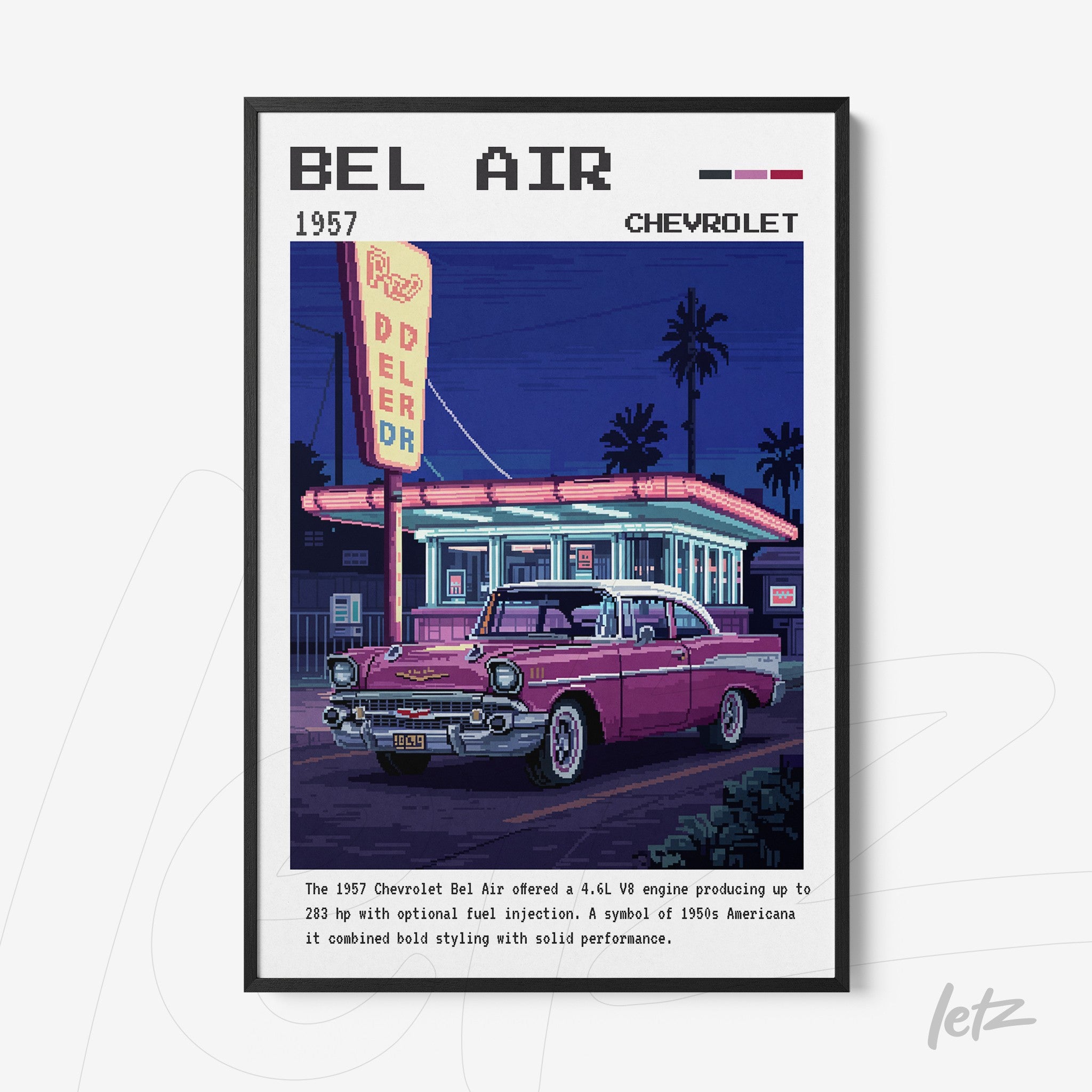 retro digital artwork of 1957 Chevrolet Bel Air in black frame with light background