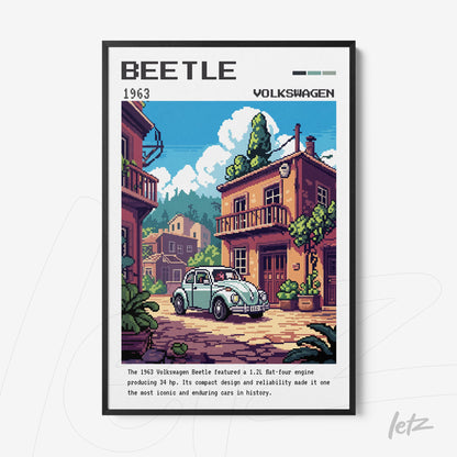 framed pixel art of a 1963 Volkswagen Beetle with black frame, featuring Mediterranean style houses in the background