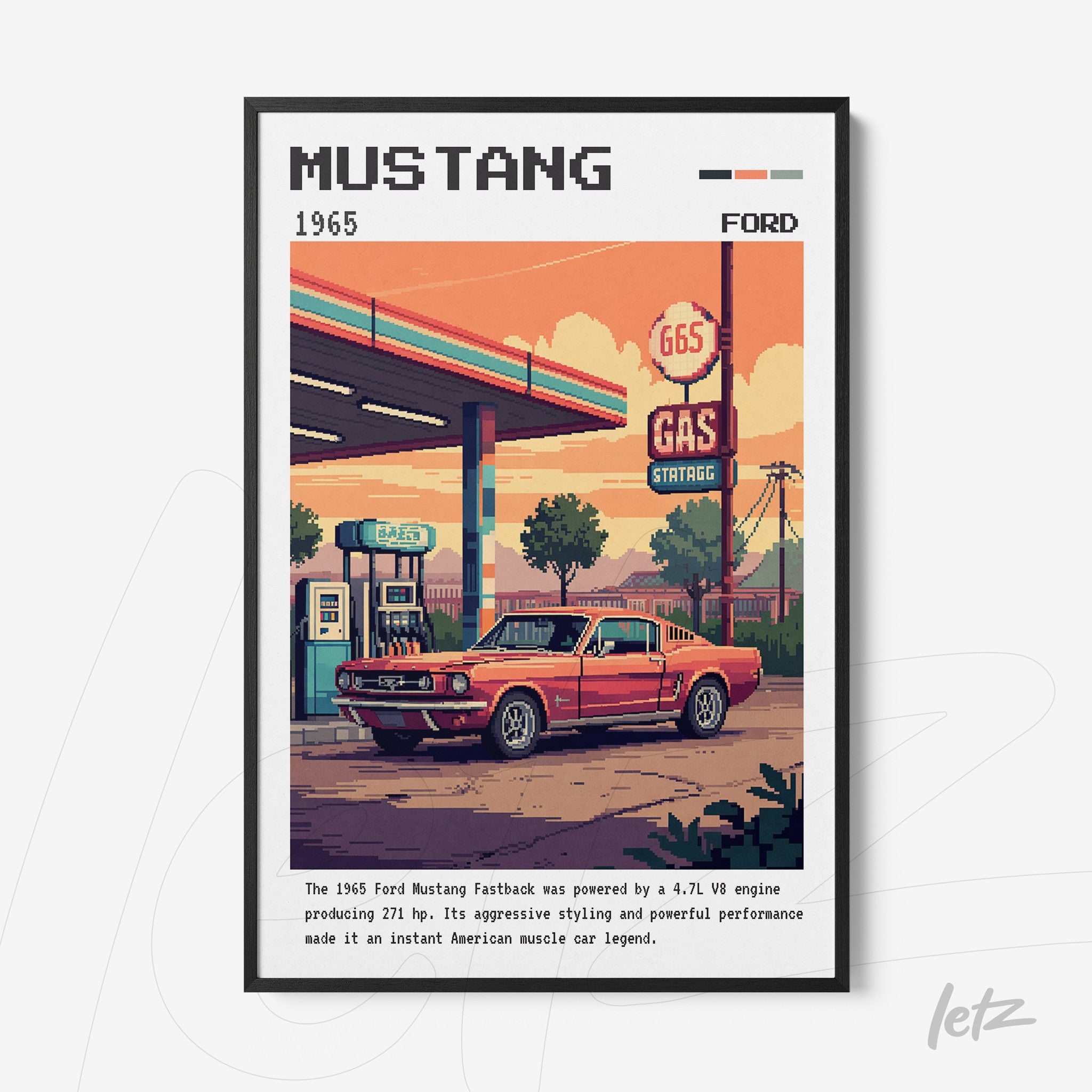 pixel art framed wall decor of a 1965 Ford Mustang in front of a gas station with a black frame