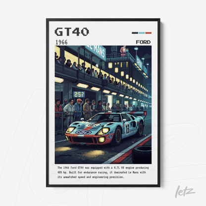 retro digital artwork of Ford GT40 racing car on track with black frame