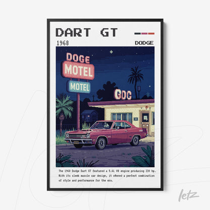pixel art of a dodge dart gt car in front of a motel with black frame