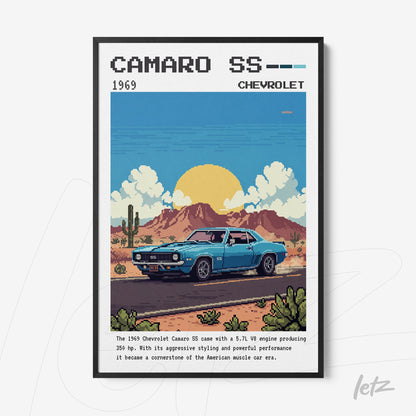 framed pixel art of a 1969 camaro ss against a desert backdrop with sun rising in the background