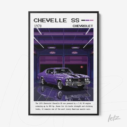 framed digital art of a 1970 Chevrolet Chevelle SS with purple hues and retro background