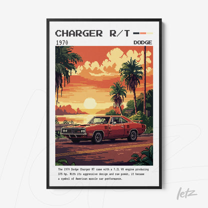 retro style digital artwork of 1970 Dodge Charger R/T in black frame