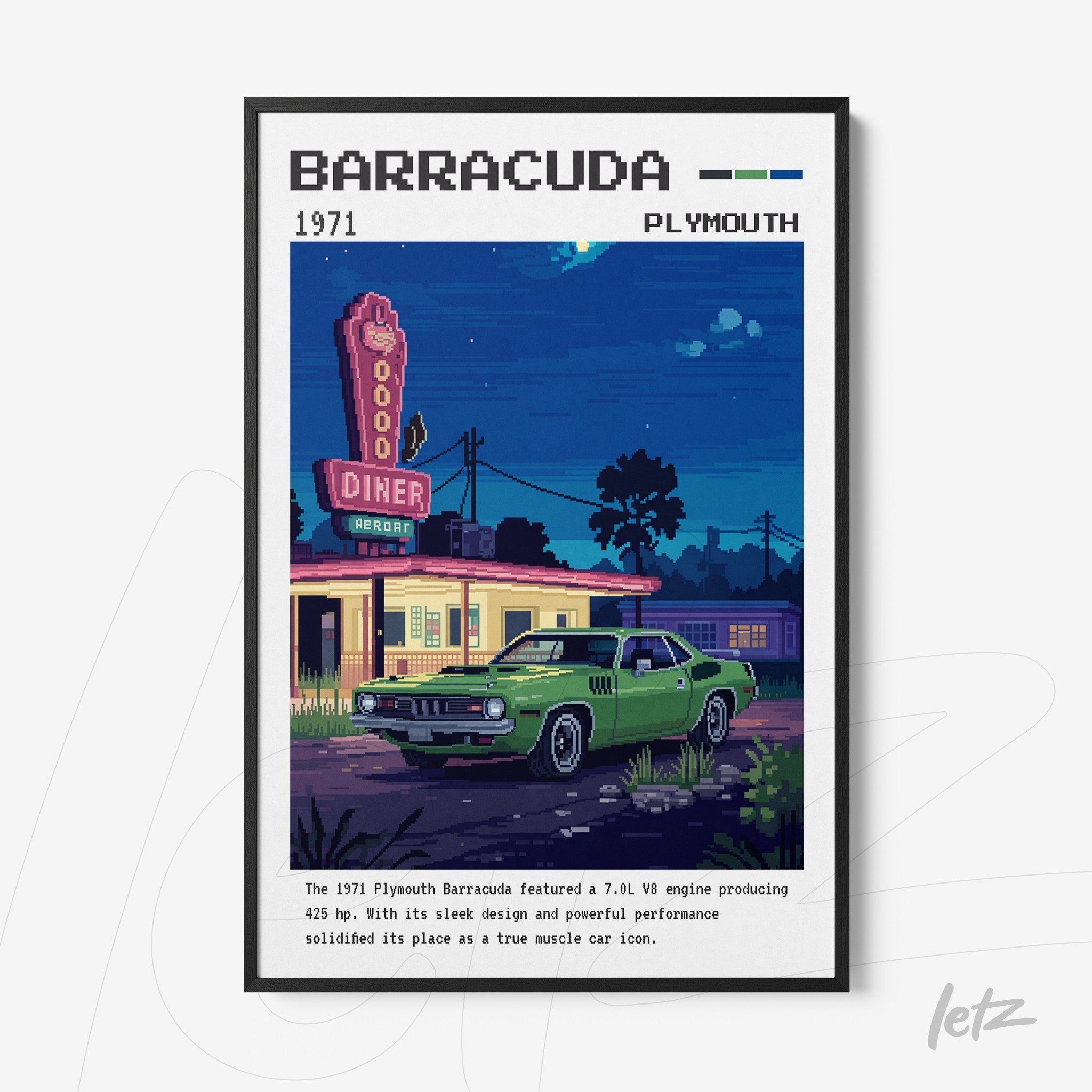 retro style digital art print featuring a green Plymouth Barracuda parked in front of a nostalgic diner with a glowing sign and nighttime background