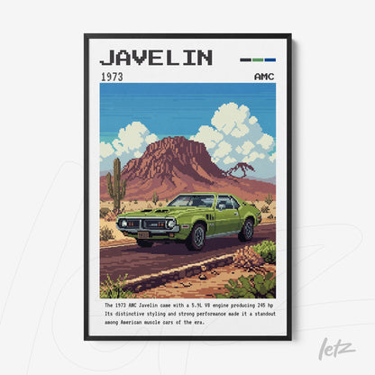 framed pixel art illustration of a 1973 AMC Javelin car set against a desert background with mountains
