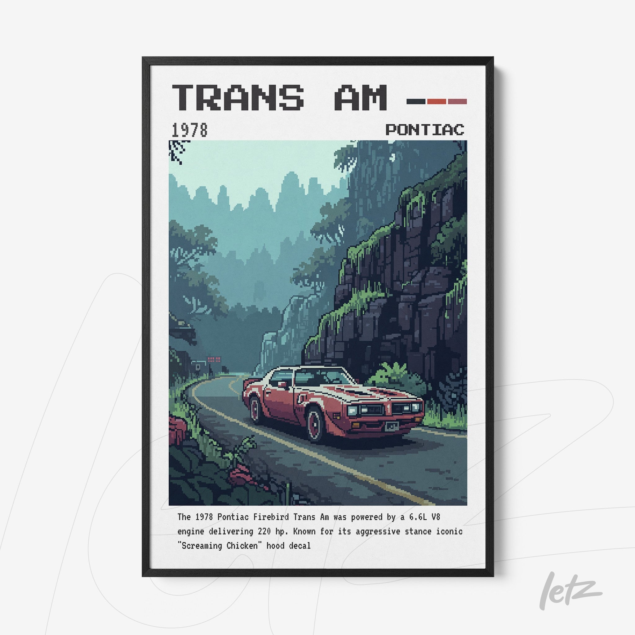 pixel art print of a Pontiac Trans Am car on a mountainous road with a black frame