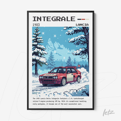 pixel art framed illustration of Lancia Delta Integrale in a winter landscape with snow-covered trees