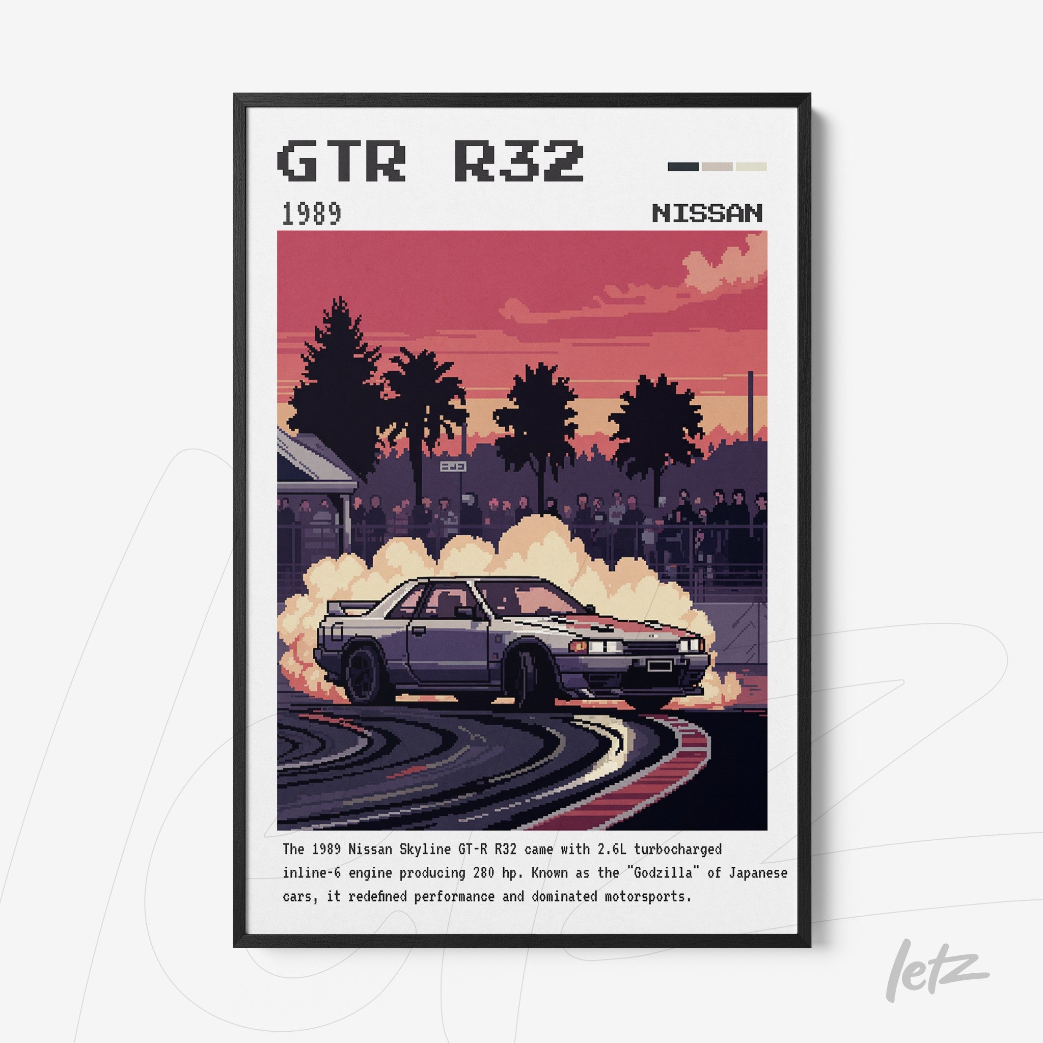 framed artwork of a retro sports car, featuring a nissan skyline gt-r r32 on a racetrack with smoke and spectators in the background