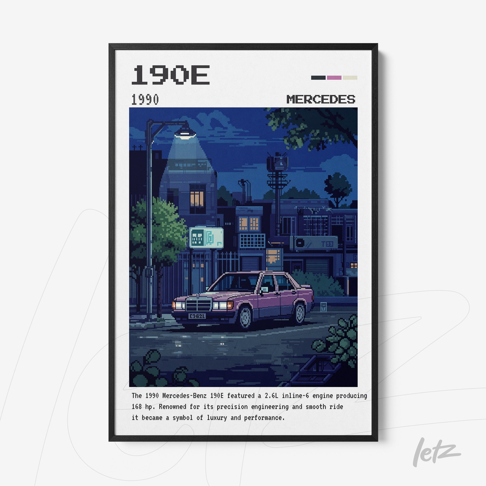pixel art of a Mercedes-Benz 190E in a nighttime urban setting with black frame