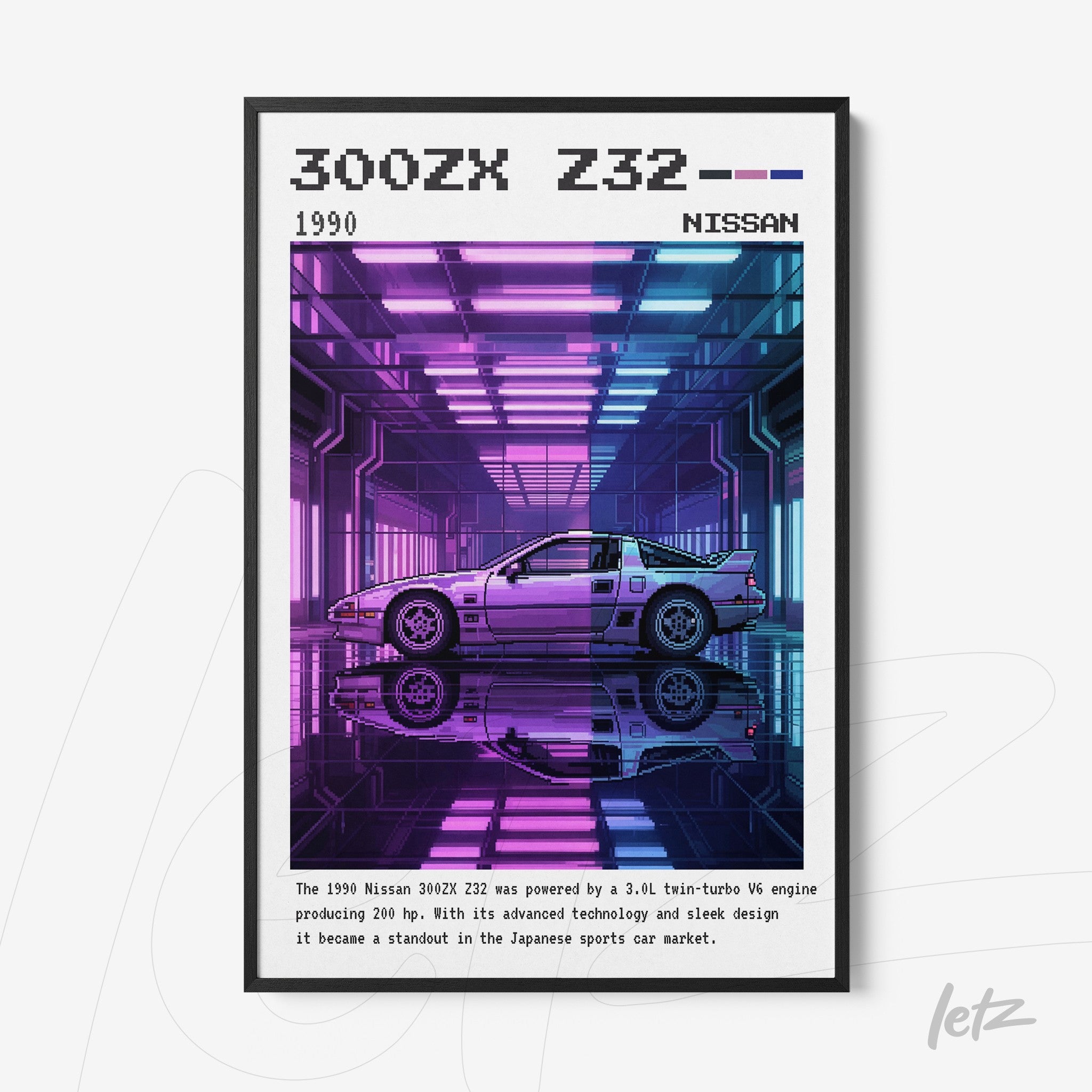 digital artwork of a 1990 Nissan 300ZX Z32 in retro style framed in black with neon lighting surrounding the car