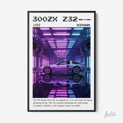 digital artwork of a 1990 Nissan 300ZX Z32 in retro style framed in black with neon lighting surrounding the car