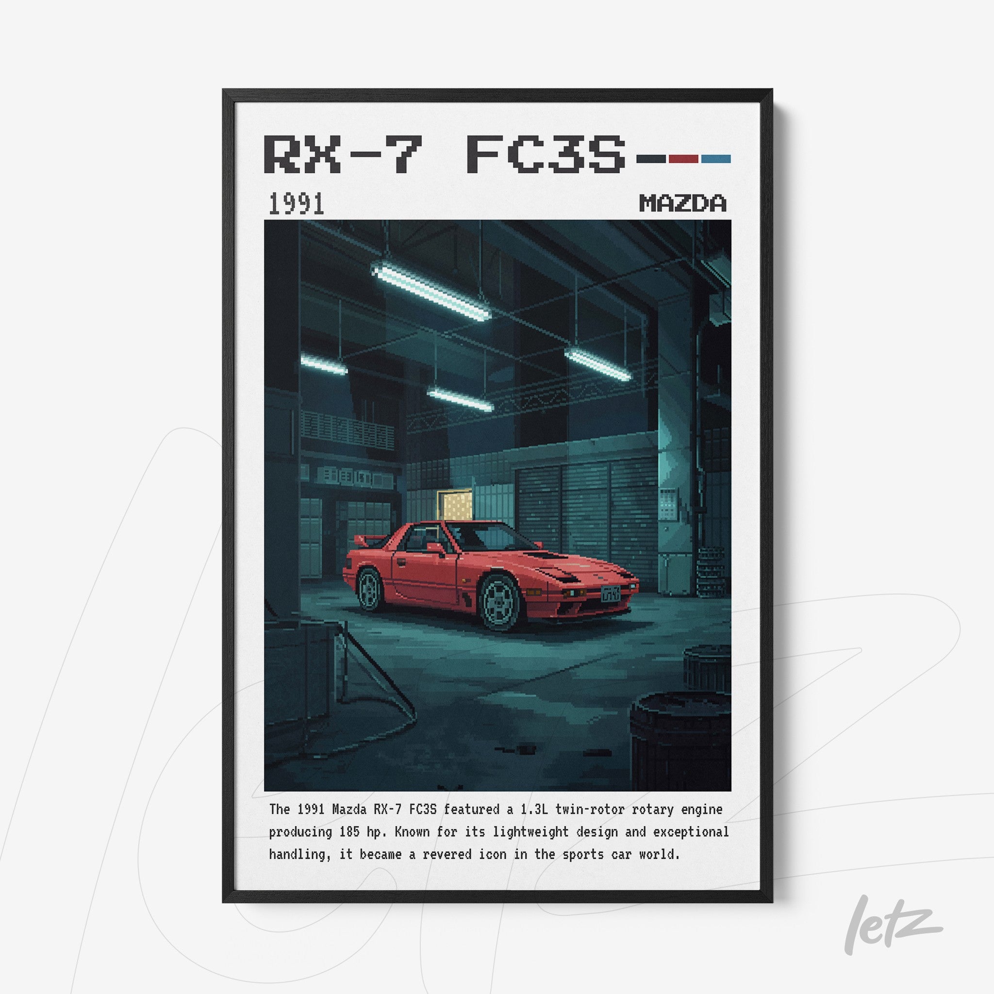 framed digital art featuring a Mazda RX-7 FC3S sports car in a garage setting