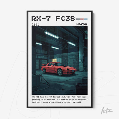 framed digital art featuring a Mazda RX-7 FC3S sports car in a garage setting