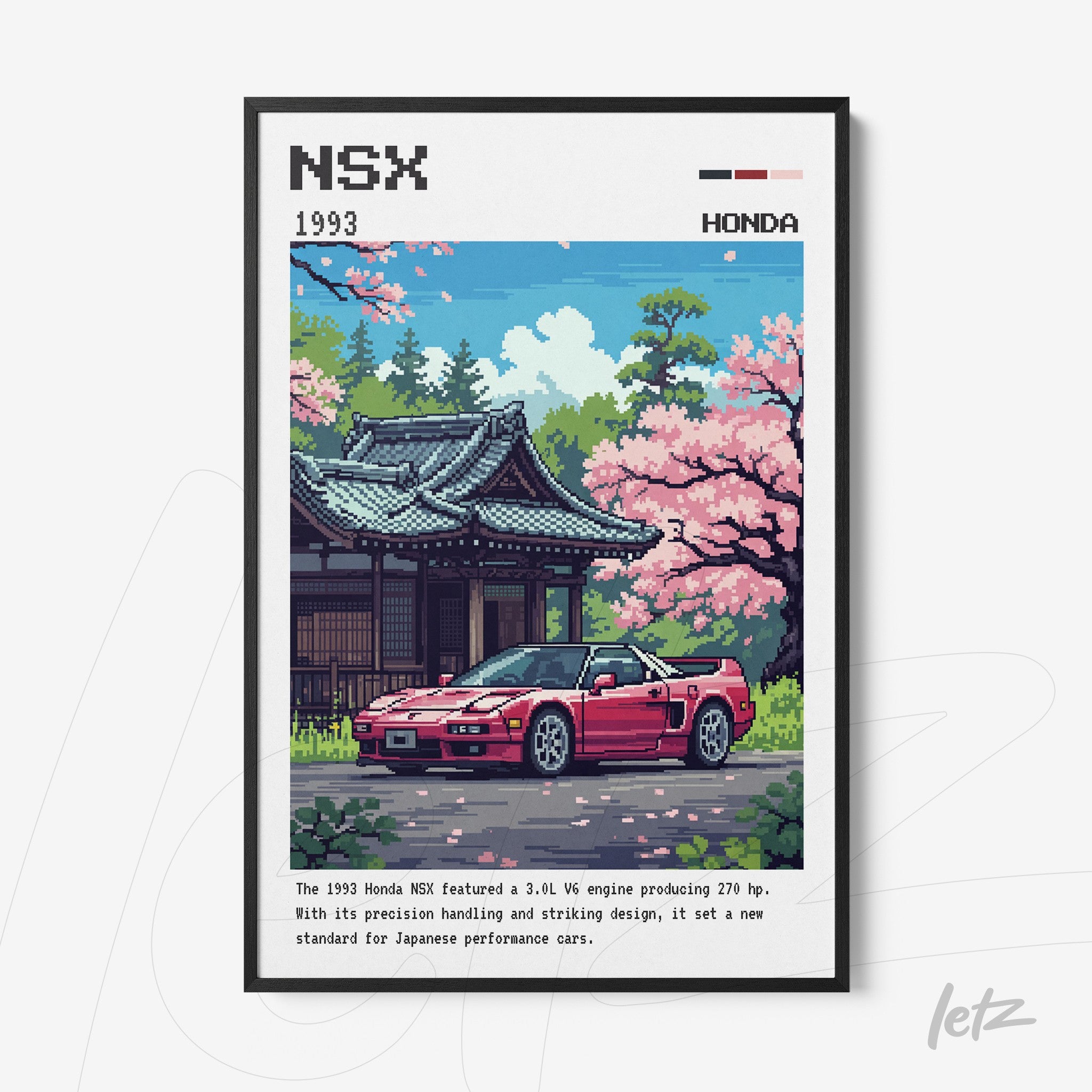 pixel art framed illustration of a red Honda NSX in front of a traditional Japanese house with cherry blossom trees