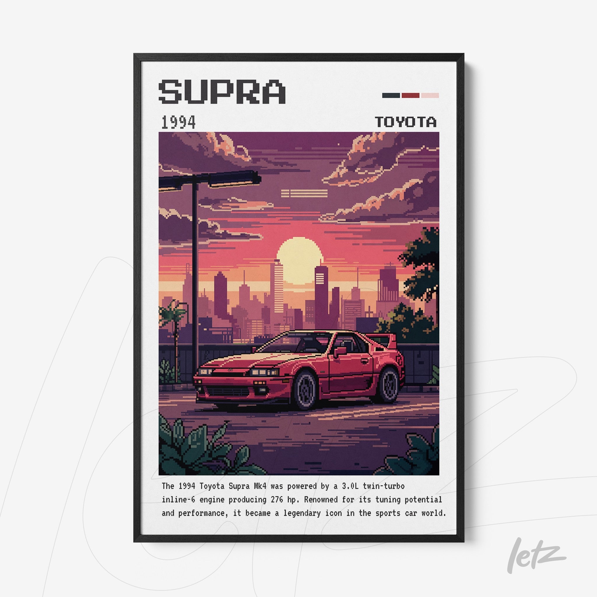 framed pixel art of a 1994 Toyota Supra car showcasing an urban sunset background