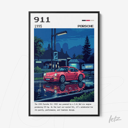 pixel art wall art of 1995 Porsche 911 in black frame with nighttime background and water reflections