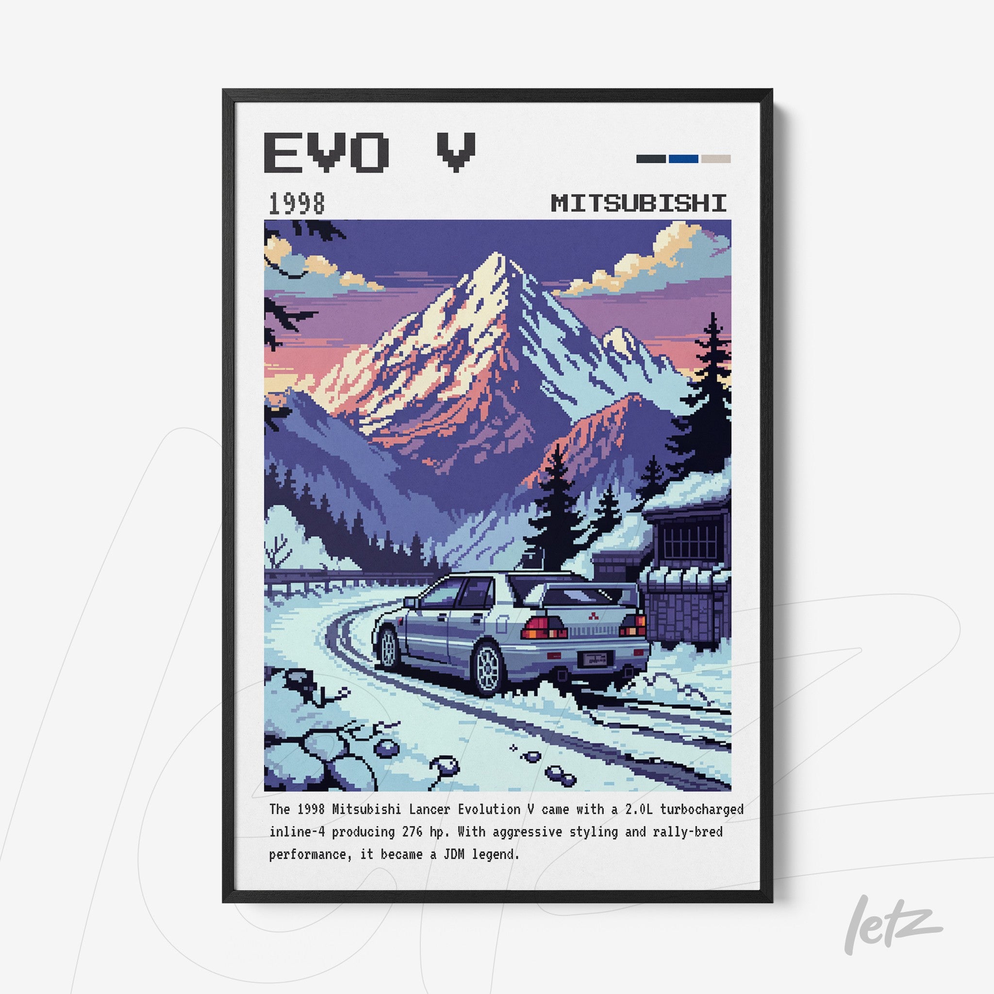 retro style wall art of Mitsubishi Lancer Evolution V in a snowy mountain landscape with mountains in the background and a car on a winding road