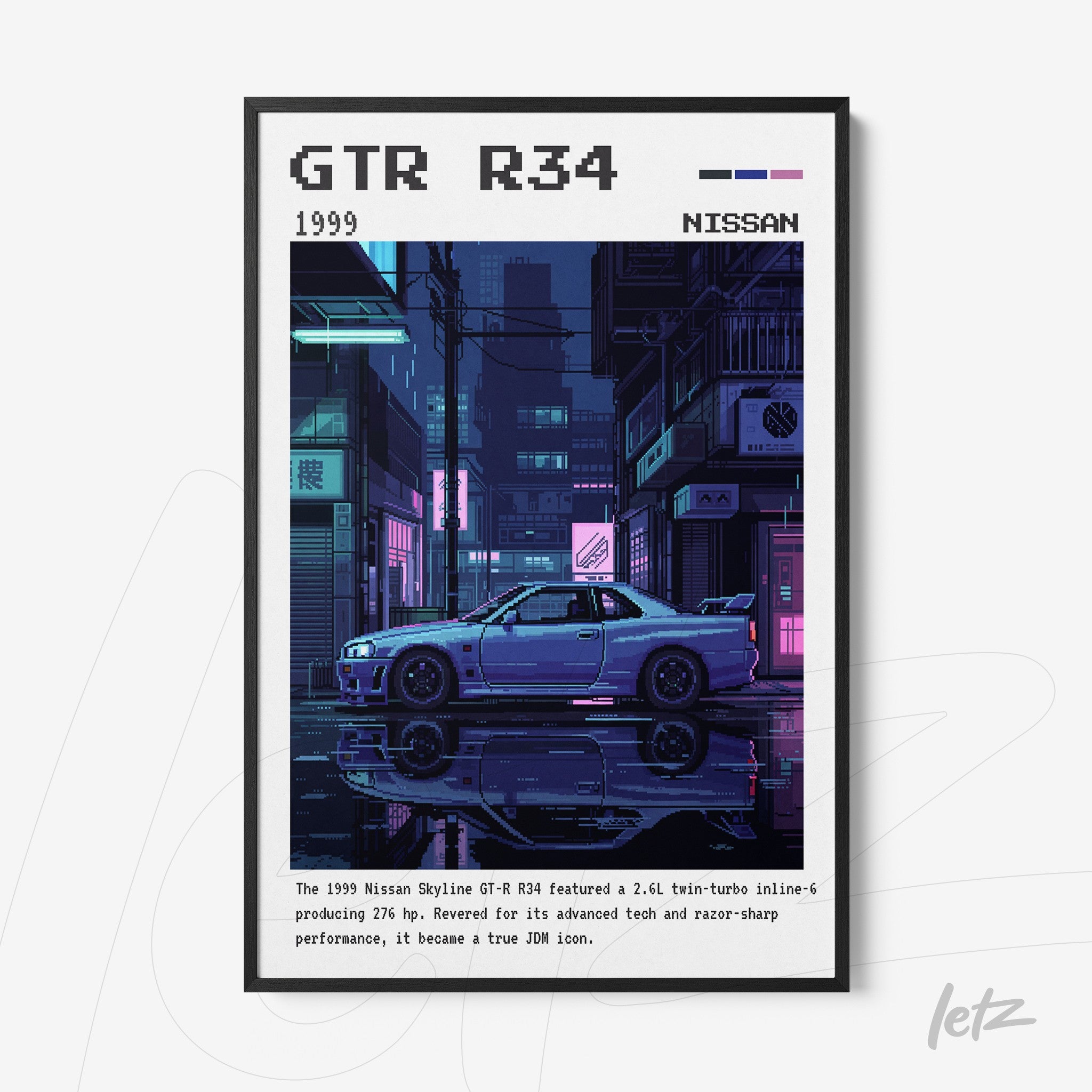 digital art print in retro style featuring a Nissan GTR R34 in a vibrant night city scene with black frame
