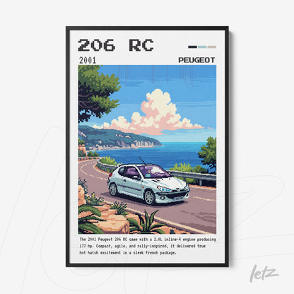 framed digital art of Peugeot 206 RC with coastal landscape background