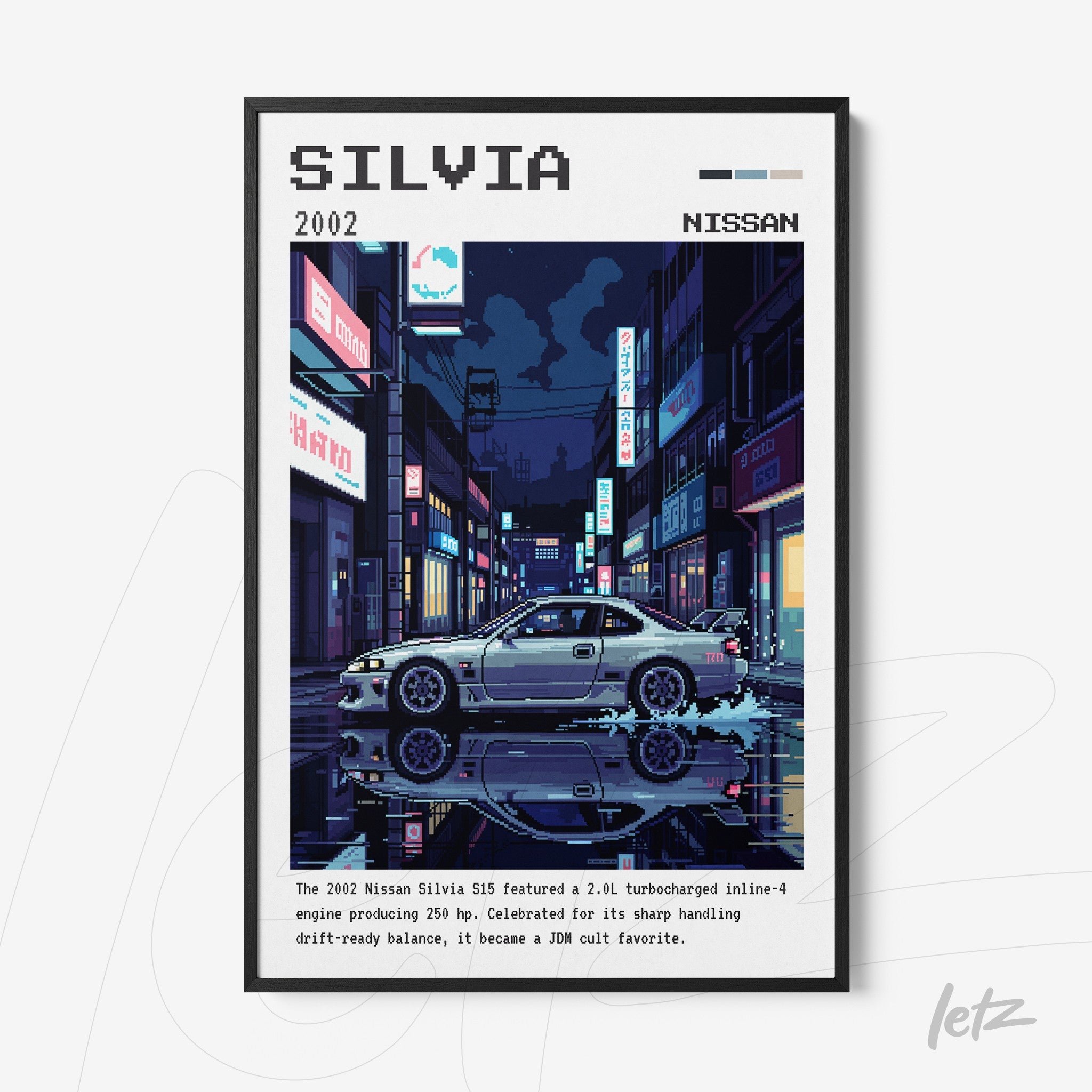 framed digital art of a 2002 Nissan Silvia in a nighttime urban scene with black frame