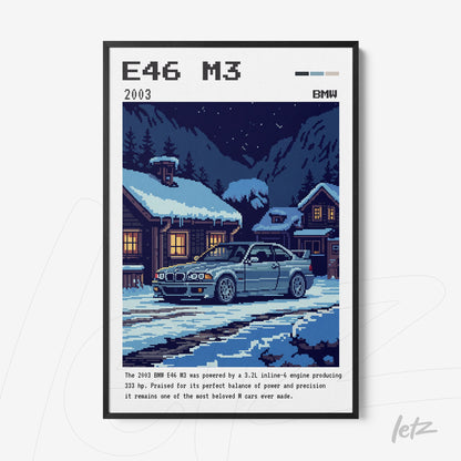framed pixel art illustration of the BMW E46 M3 in a snowy setting with cozy houses