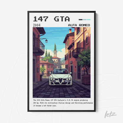 retro style framed artwork featuring pixel art of an Alfa Romeo 147 GTA car on an Italian street