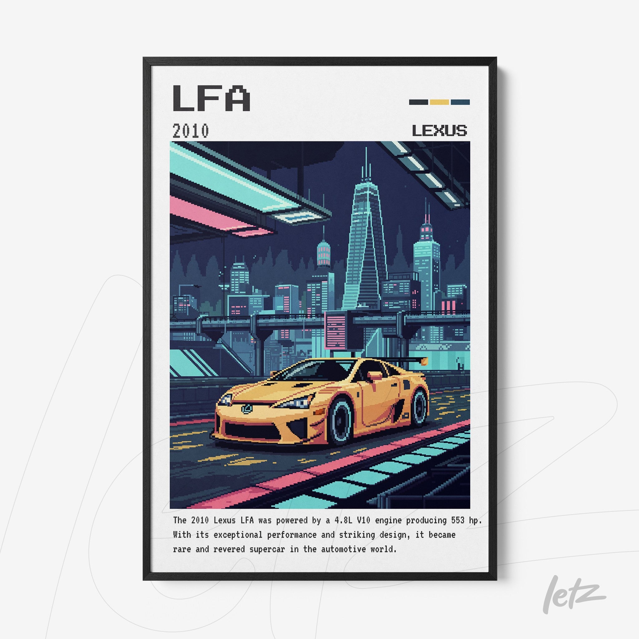 framed retro style artwork of Lexus LFA car with a black frame