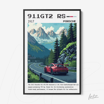 pixel art of a red porsche 911 gt2 rs on the road surrounded by green mountains and blue sky