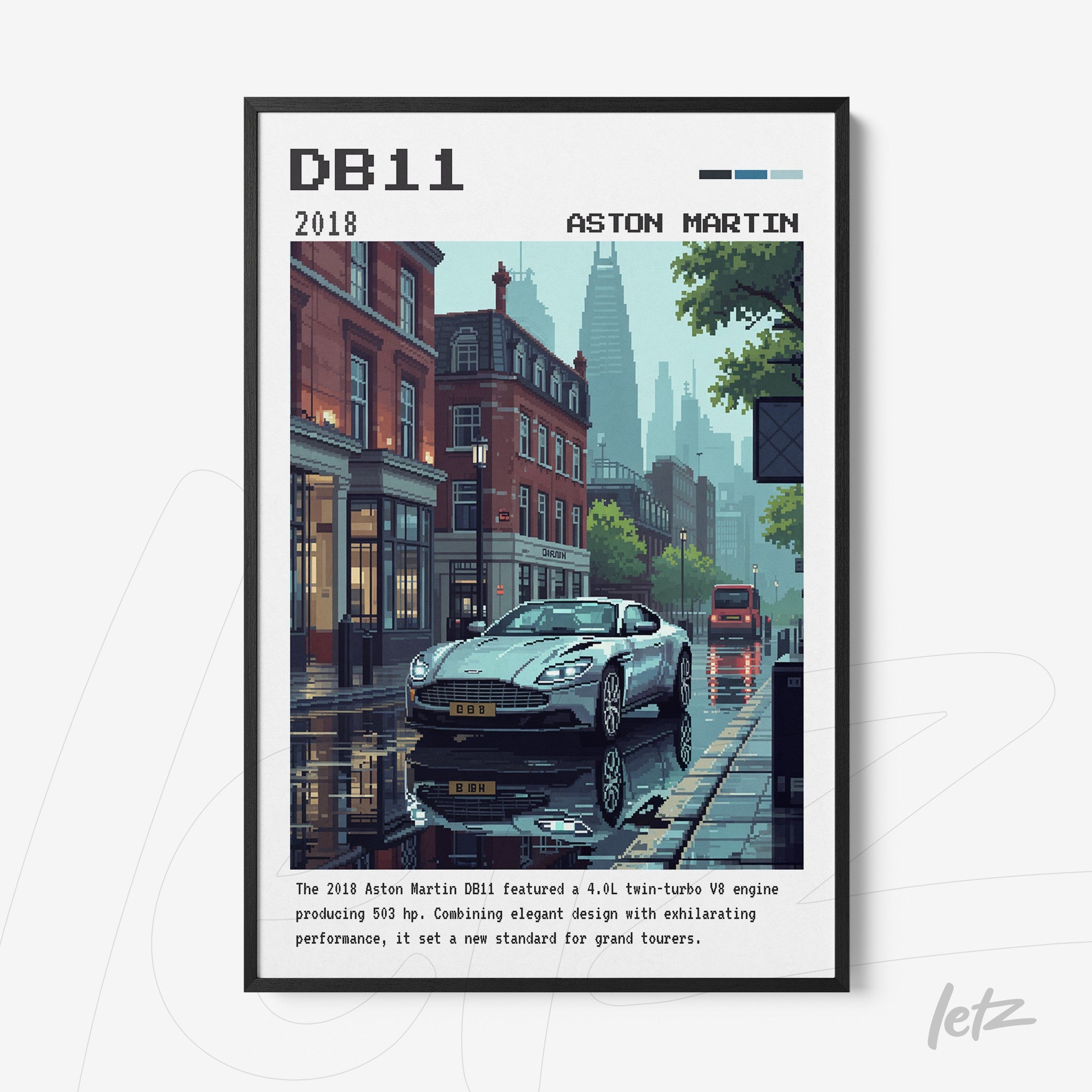 framed artwork of a 2018 aston martin db11 in a rainy cityscape, showcasing vehicle details and urban architecture