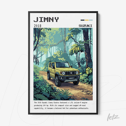 pixel art of 2018 Suzuki Jimny in black frame, set against a forest background with lush greenery